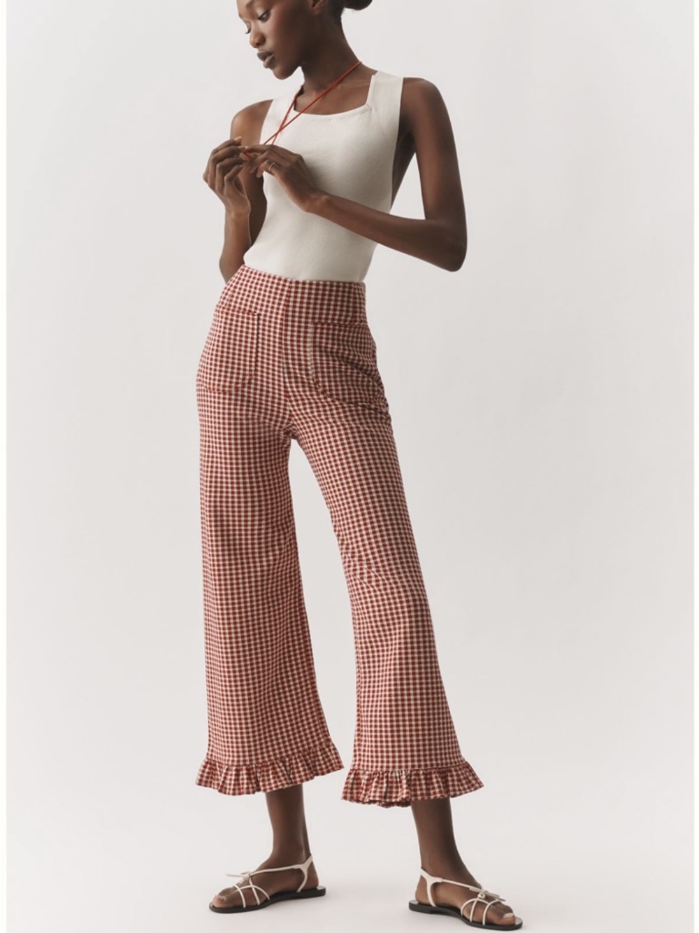 Maeve Rust-and-Cream Gingham Wide-Leg Ruffle-Hem Pants sold out
